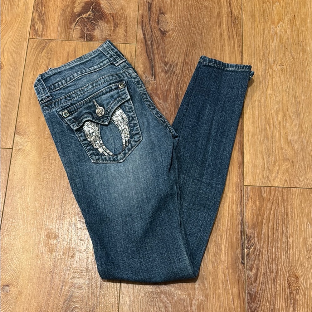 Miss Me Blue Skinny Jeans with Embellished Back Wing Pockets